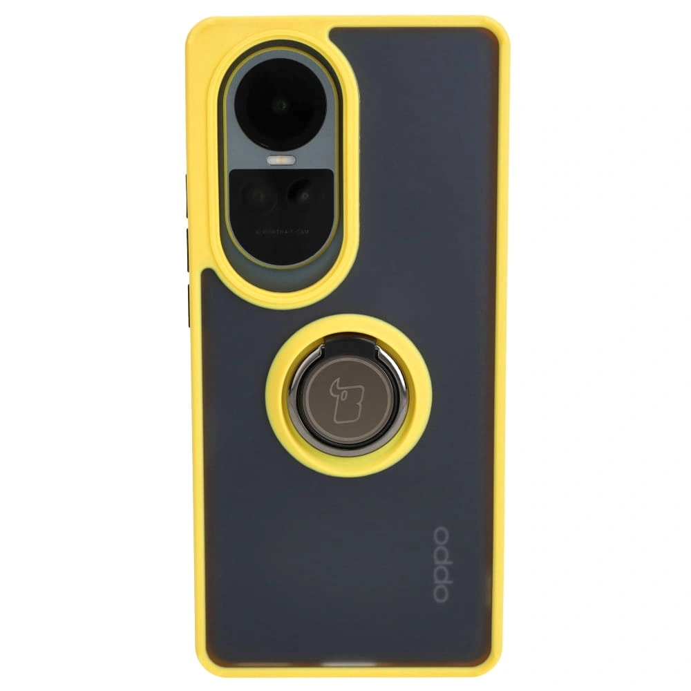 Etui z uchwytem na palec Bizon Case Hybrid Ring do Oppo Reno10 / 10 Pro przydymione z żółtą ramką