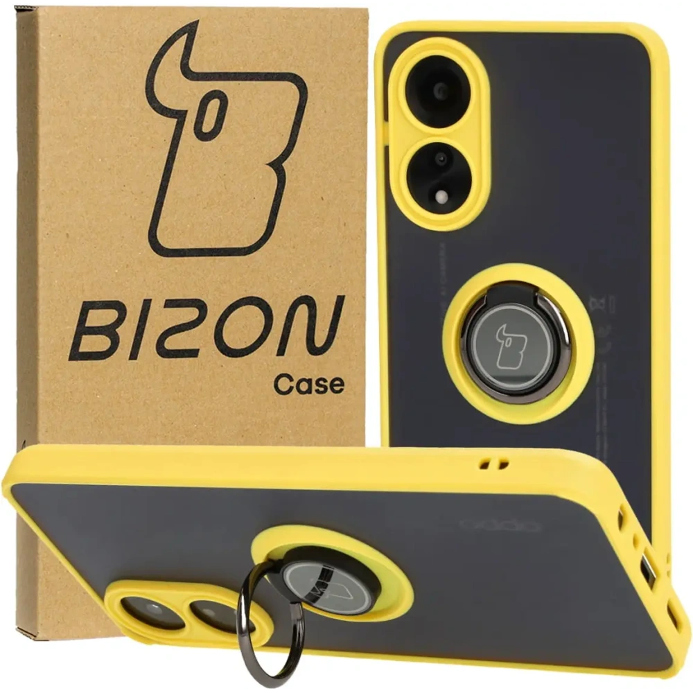 Etui z uchwytem na palec Bizon Case Hybrid Ring do Oppo A78 4G przydymione z żółtą ramką