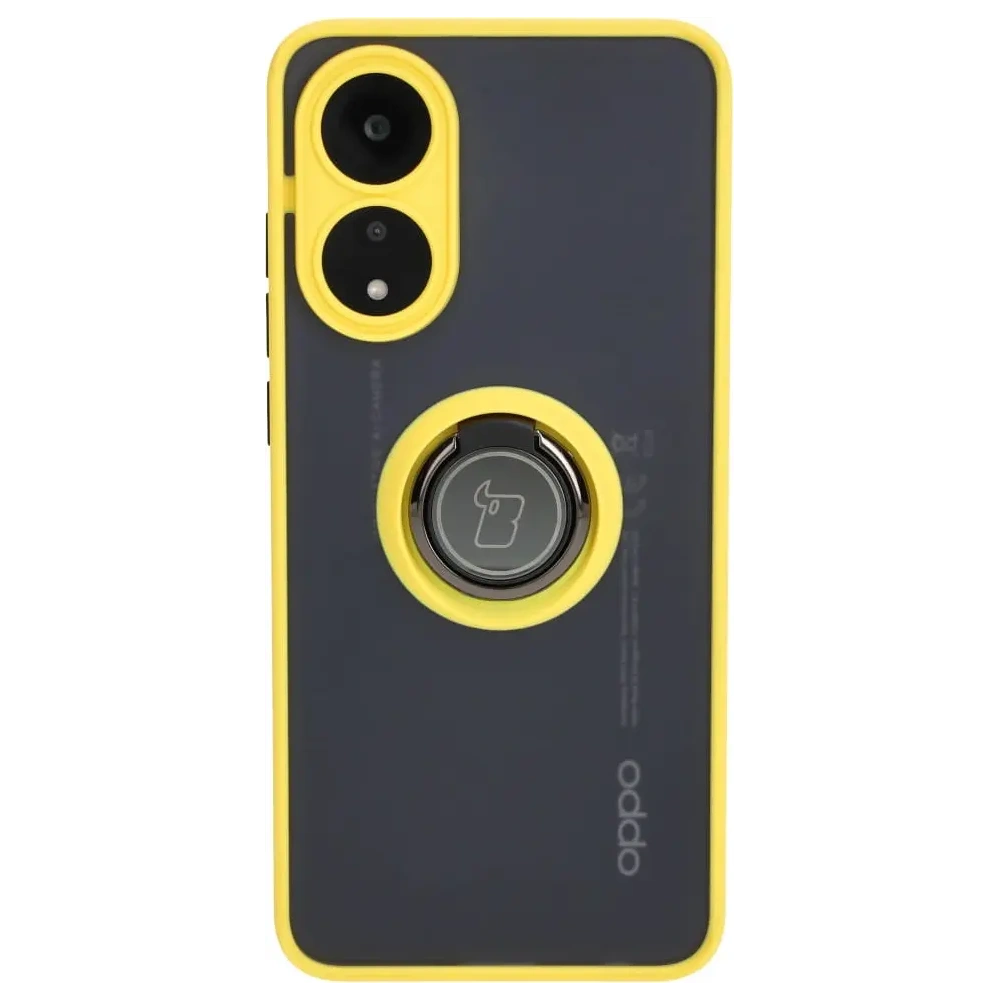 Etui z uchwytem na palec Bizon Case Hybrid Ring do Oppo A78 4G przydymione z żółtą ramką