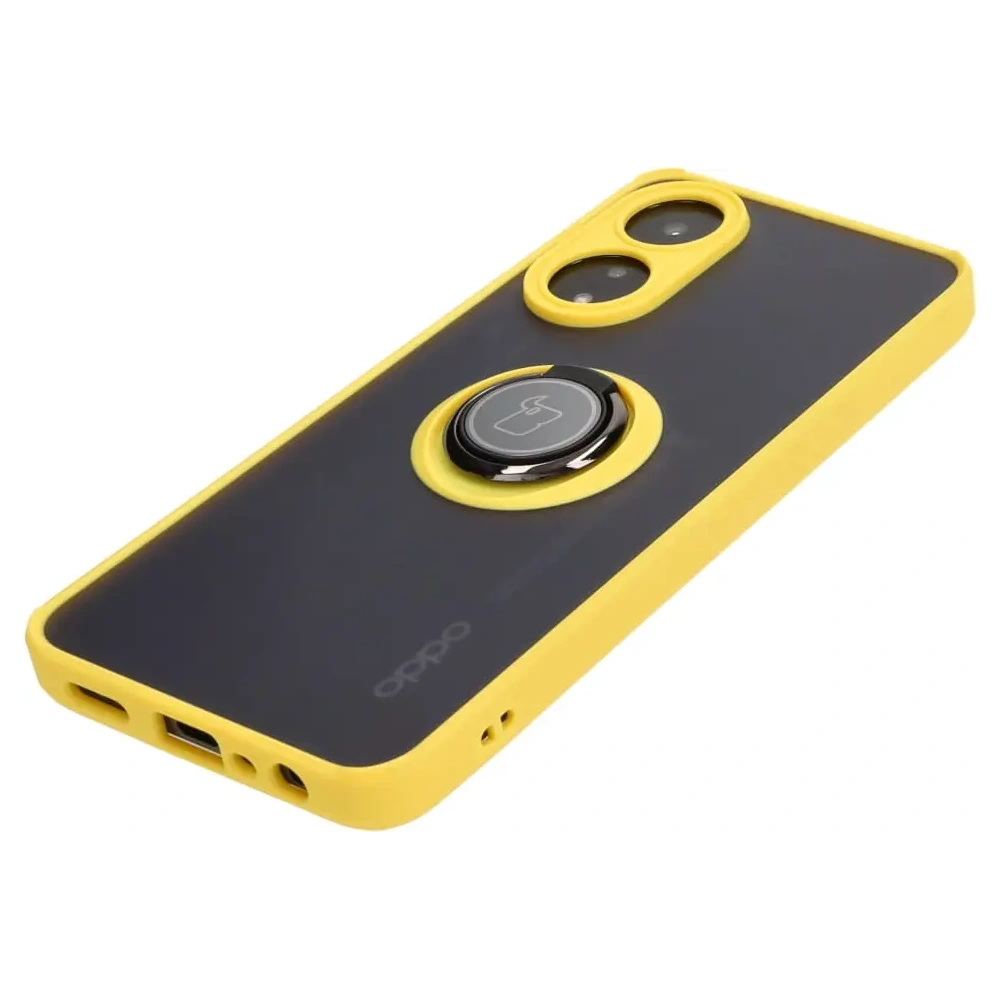 Etui z uchwytem na palec Bizon Case Hybrid Ring do Oppo A78 4G przydymione z żółtą ramką