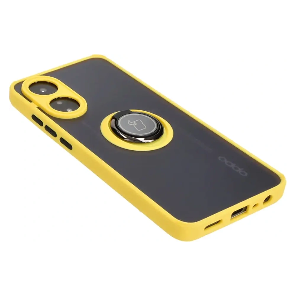 Etui z uchwytem na palec Bizon Case Hybrid Ring do Oppo A78 4G przydymione z żółtą ramką