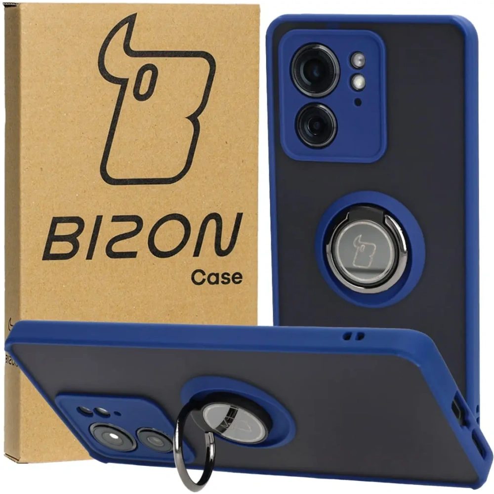 Etui z uchwytem na palec Bizon Case Hybrid Ring do Motorola Edge 40 przydymione z granatową ramką