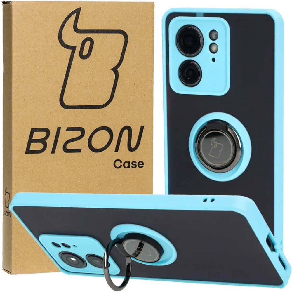 Etui z uchwytem na palec Bizon Case Hybrid Ring do Motorola Edge 40 przydymione z jasnoniebieską ramką