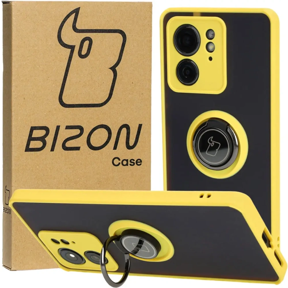 Etui z uchwytem na palec Bizon Case Hybrid Ring do Motorola Edge 40 przydymione z żółtą ramką