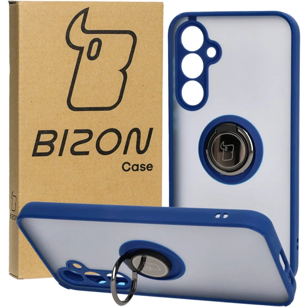 Etui z uchwytem na palec Bizon Case Hybrid Ring do Samsung Galaxy S23 FE przydymione z granatową ramką