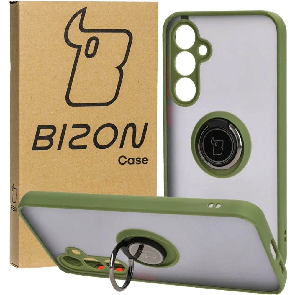 Etui z uchwytem na palec Bizon Case Hybrid Ring do Samsung Galaxy S23 FE przydymione z zieloną ramką