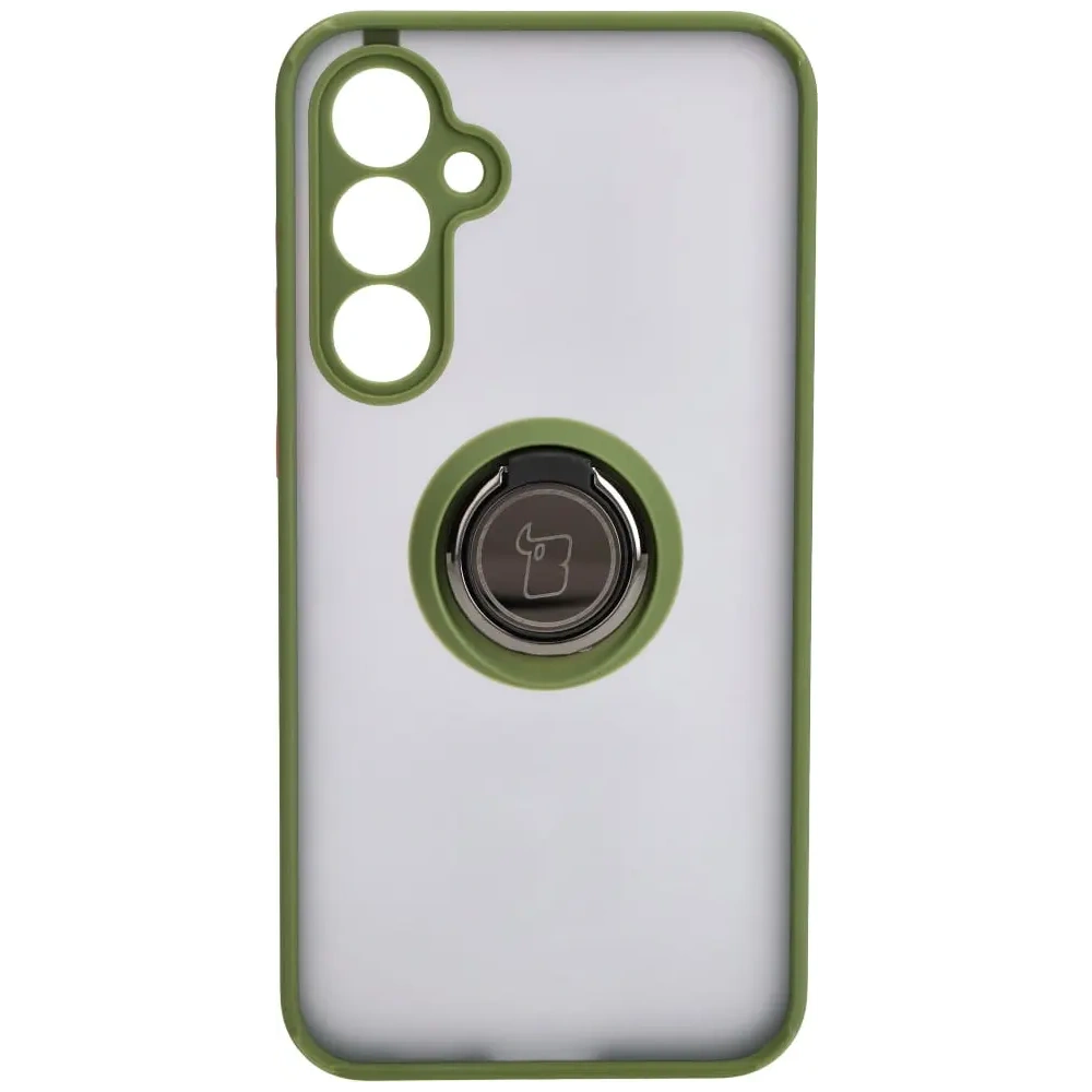 Etui z uchwytem na palec Bizon Case Hybrid Ring do Samsung Galaxy S23 FE przydymione z zieloną ramką