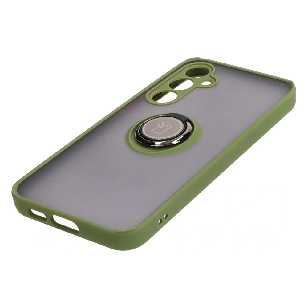 Etui z uchwytem na palec Bizon Case Hybrid Ring do Samsung Galaxy S23 FE przydymione z zieloną ramką