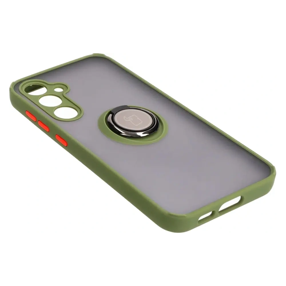 Etui z uchwytem na palec Bizon Case Hybrid Ring do Samsung Galaxy S23 FE przydymione z zieloną ramką
