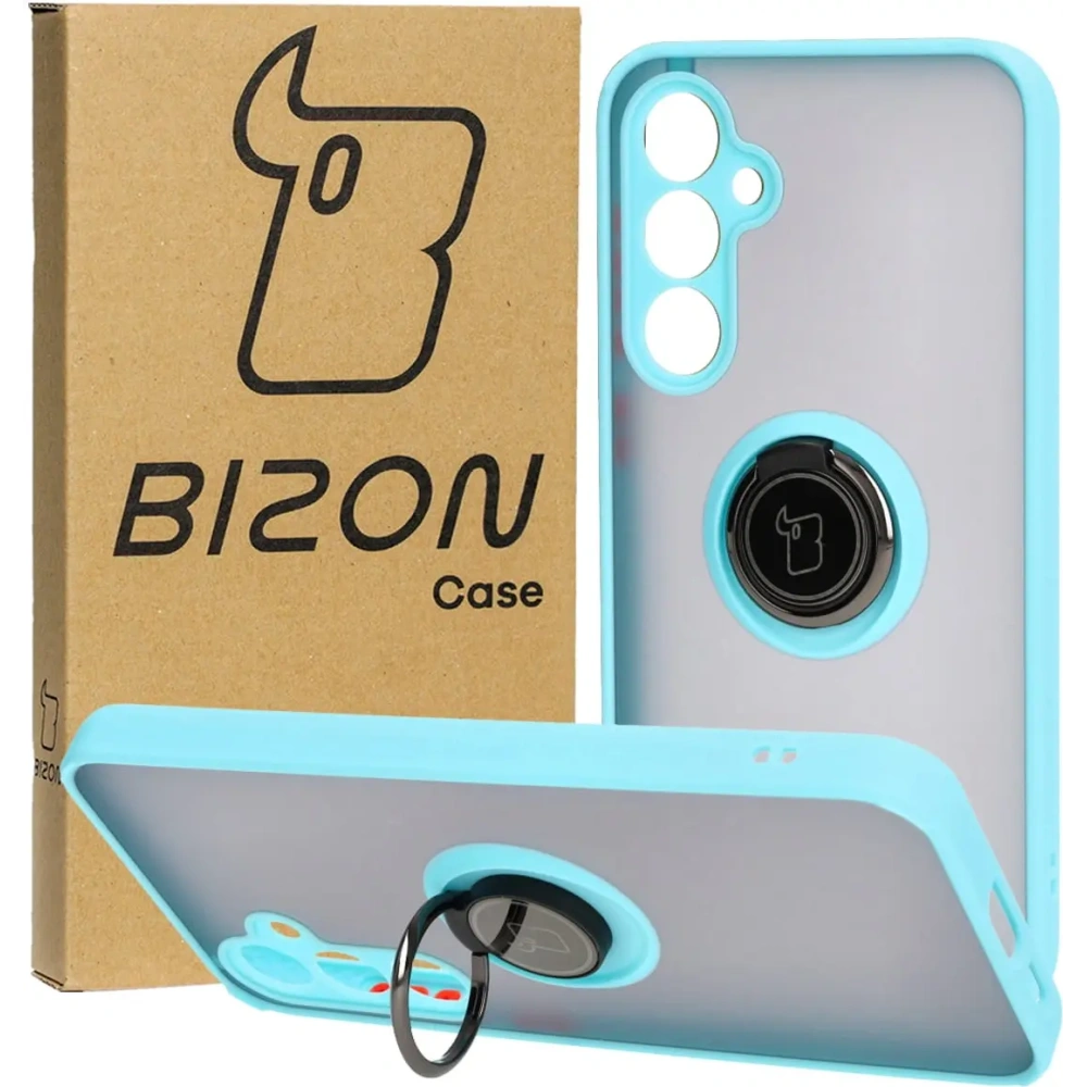 Etui z uchwytem na palec Bizon Case Hybrid Ring do Samsung Galaxy S23 FE przydymione z jasnoniebieską ramką