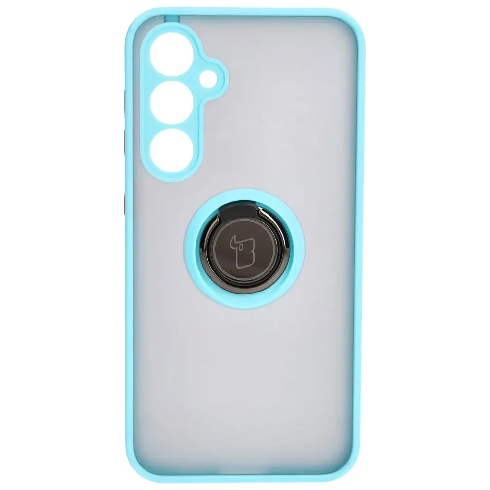 Etui z uchwytem na palec Bizon Case Hybrid Ring do Samsung Galaxy S23 FE przydymione z jasnoniebieską ramką