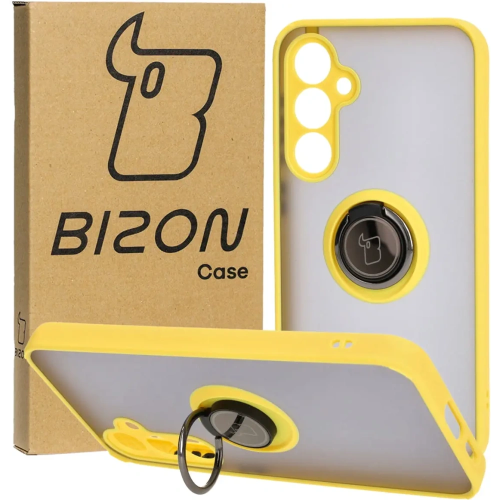 Etui z uchwytem na palec Bizon Case Hybrid Ring do Samsung Galaxy S23 FE przydymione z żółtą ramką