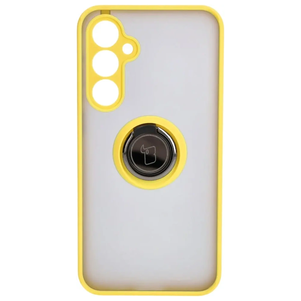 Etui z uchwytem na palec Bizon Case Hybrid Ring do Samsung Galaxy S23 FE przydymione z żółtą ramką