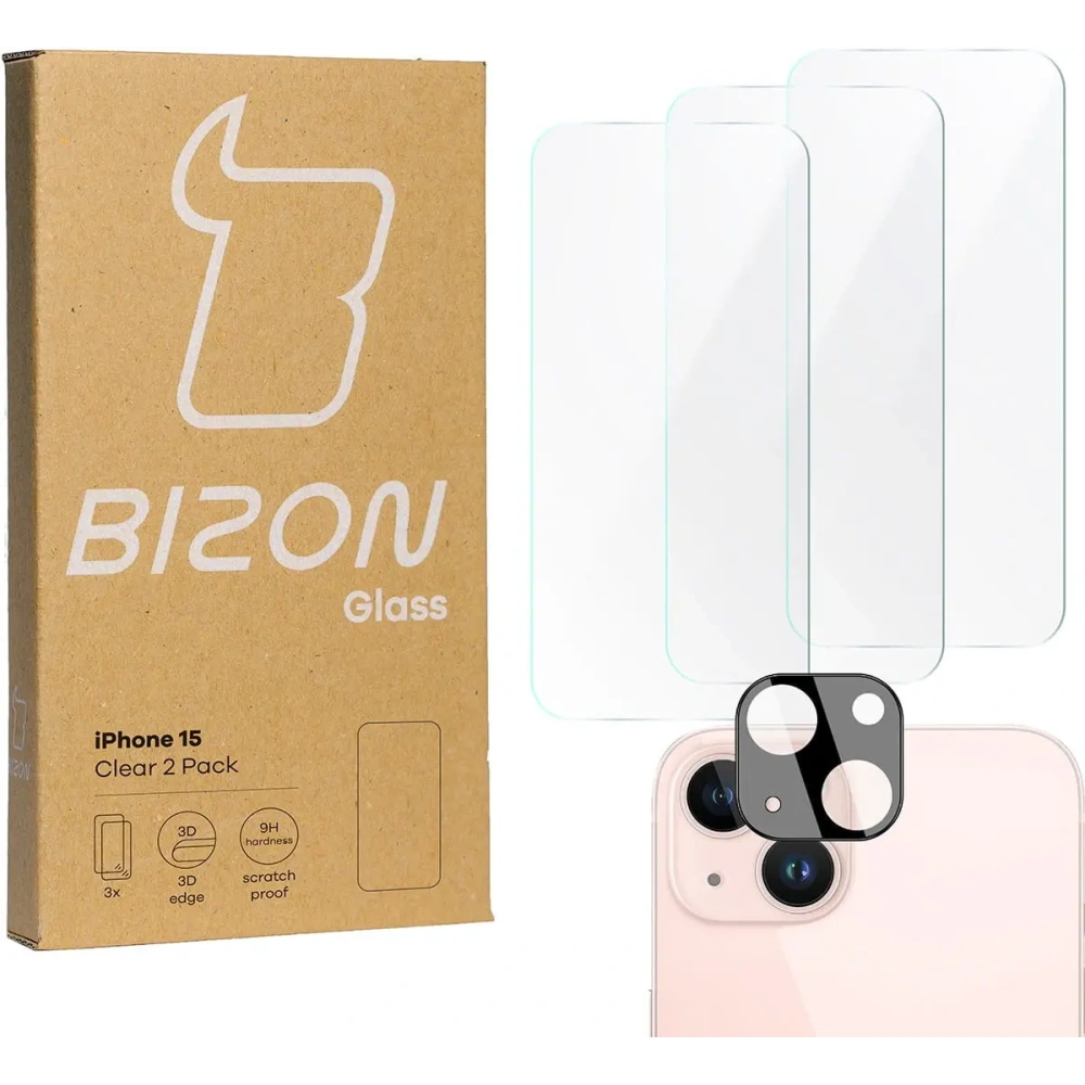 3x Szkło na ekran + szkło na aparat BIZON Clear do Apple iPhone 15