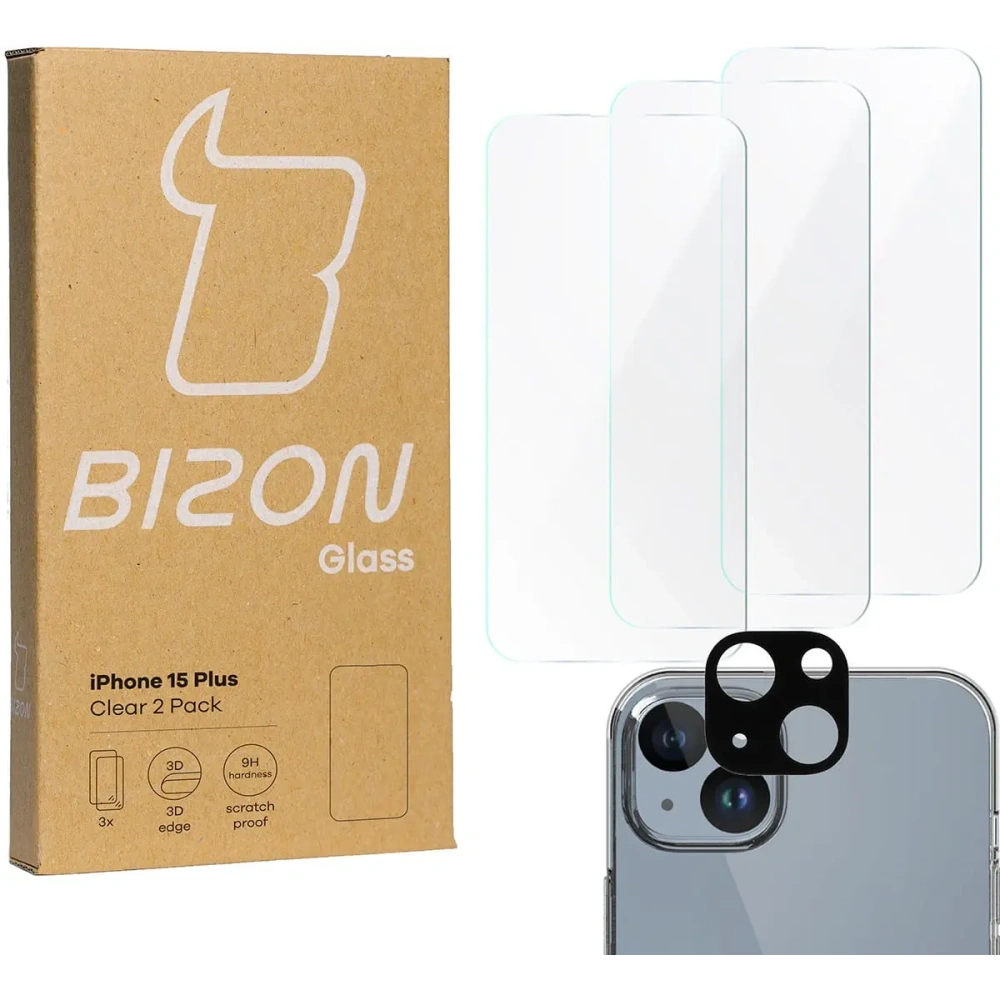 3x Szkło na ekran + szkło na aparat BIZON Clear do Apple iPhone 15 Plus
