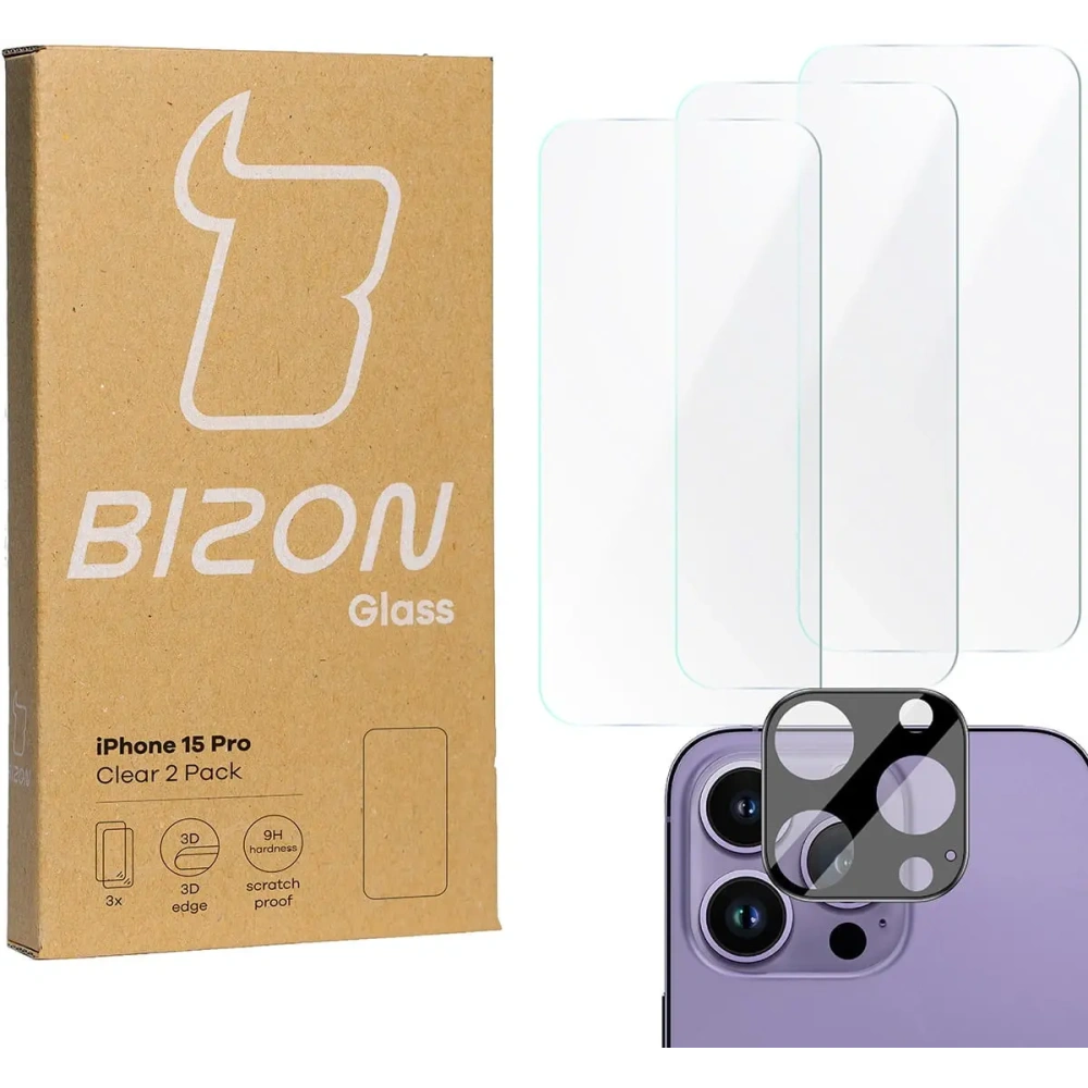 3x Szkło na ekran + szkło na aparat BIZON Clear do Apple iPhone 15 Pro