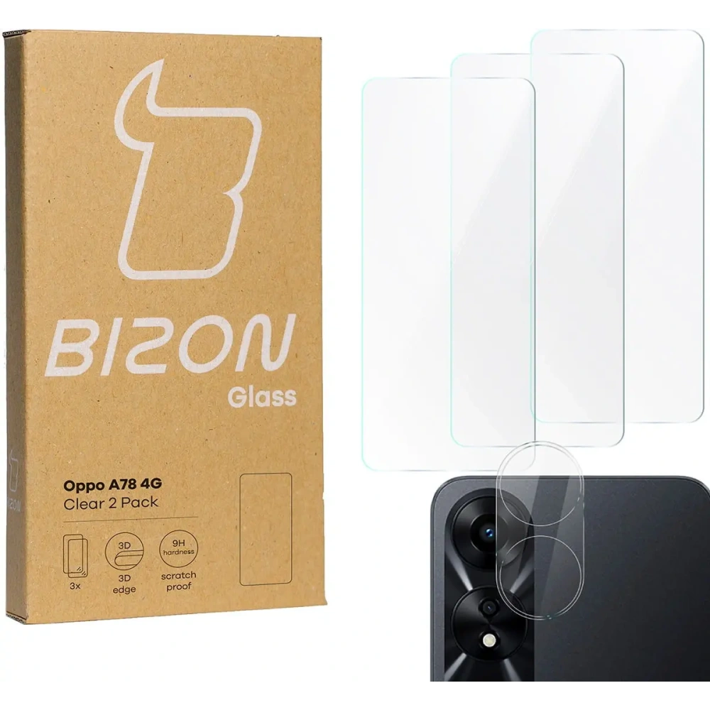 3x Szkło na ekran + szkło na aparat BIZON Clear do Oppo A78 4G