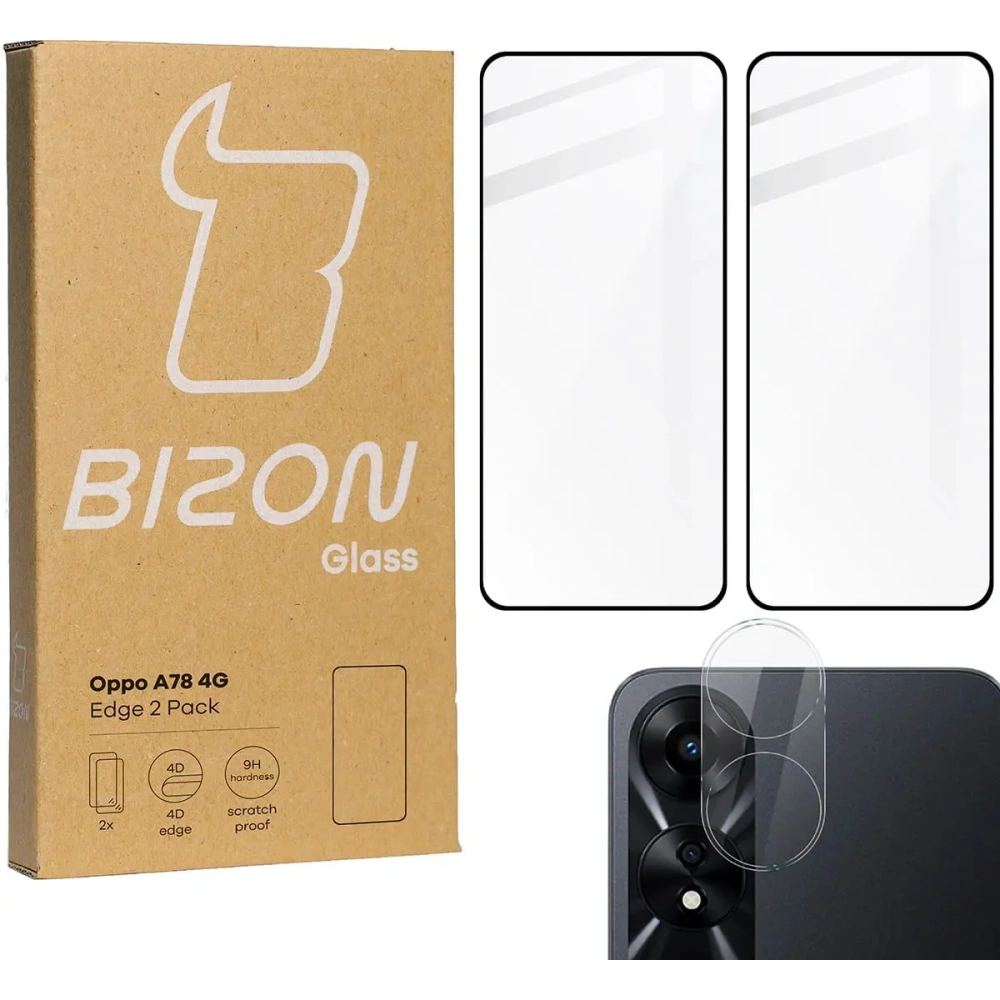 2x Szkło na ekran + szkło na aparat BIZON Edge do Oppo A78 4G