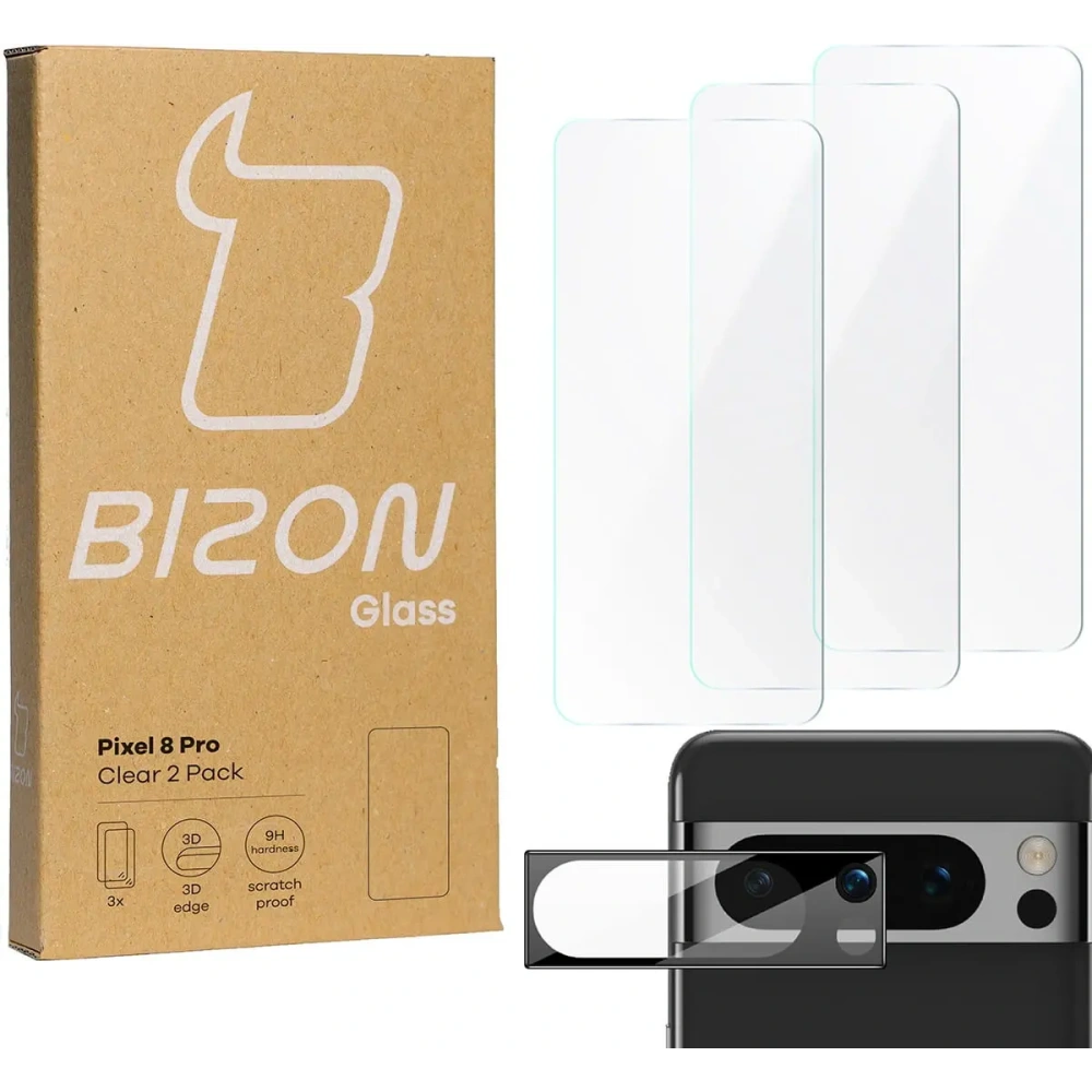 3x Szkło na ekran + szkło na aparat BIZON Clear do Pixel 8 Pro