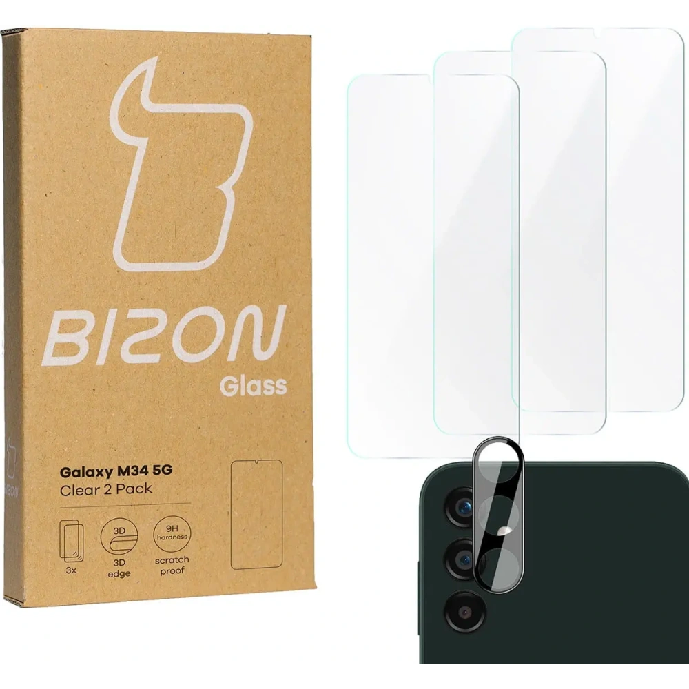 3x Szkło na ekran + szkło na aparat BIZON Clear do Samsung Galaxy M34 5G