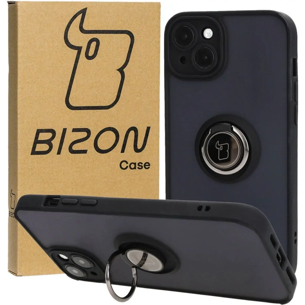 Etui z uchwytem na palec Bizon Case Hybrid Ring do Apple iPhone 15 Plus przydymione z czarną ramką