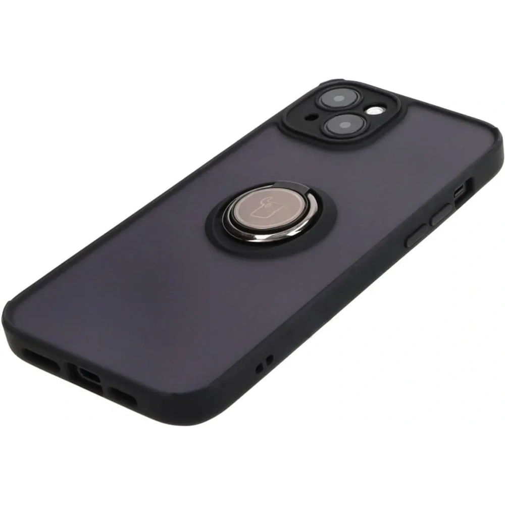 Etui z uchwytem na palec Bizon Case Hybrid Ring do Apple iPhone 15 Plus przydymione z czarną ramką
