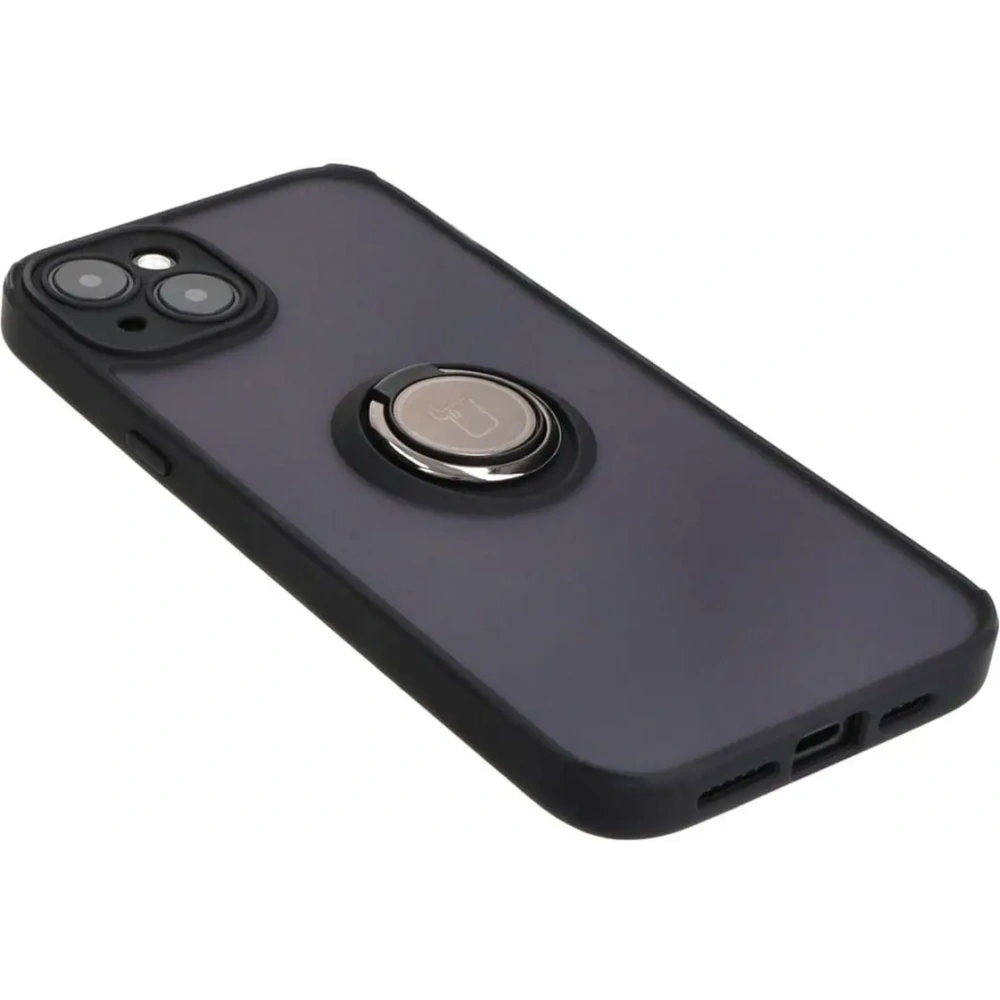 Etui z uchwytem na palec Bizon Case Hybrid Ring do Apple iPhone 15 Plus przydymione z czarną ramką