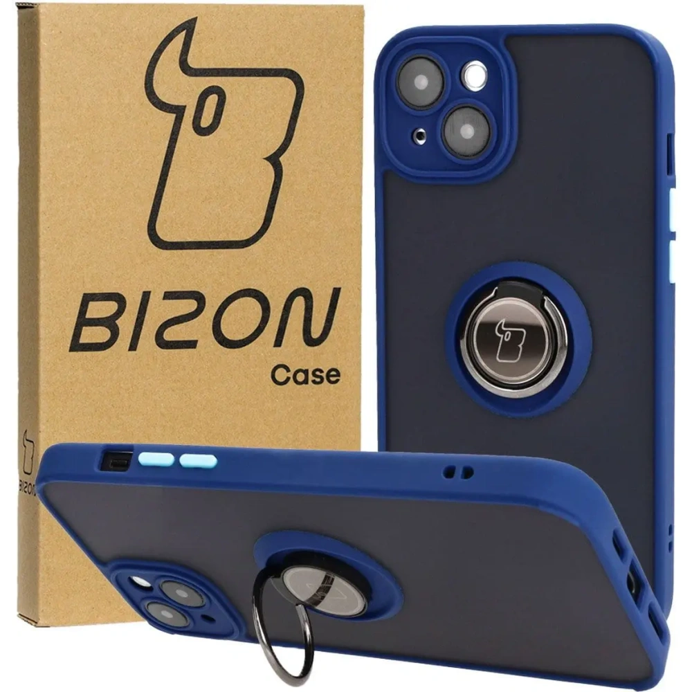 Etui z uchwytem na palec Bizon Case Hybrid Ring do Apple iPhone 15 Plus przydymione z granatową ramką