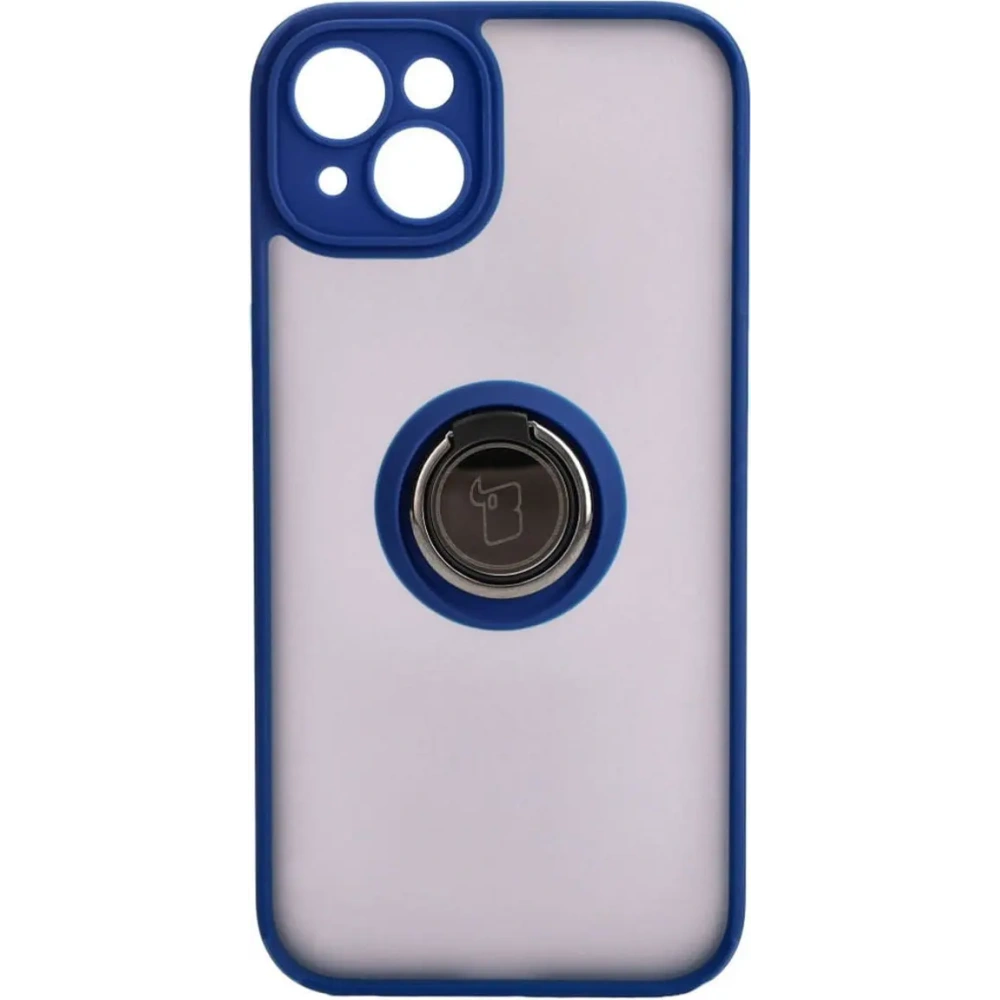 Etui z uchwytem na palec Bizon Case Hybrid Ring do Apple iPhone 15 Plus przydymione z granatową ramką