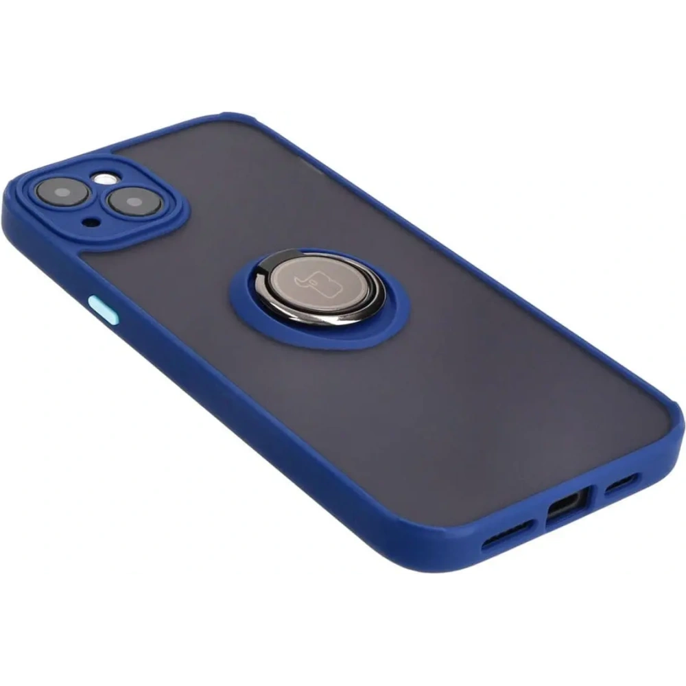 Etui z uchwytem na palec Bizon Case Hybrid Ring do Apple iPhone 15 Plus przydymione z granatową ramką