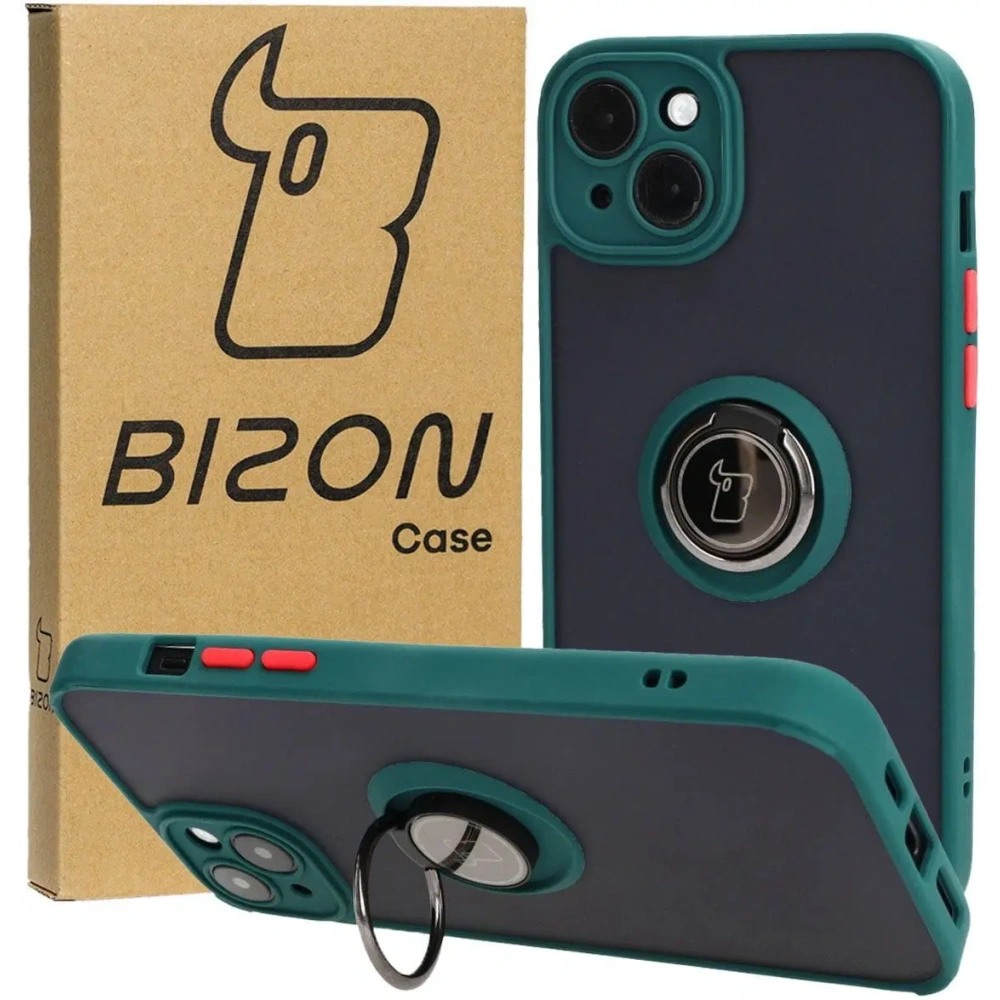 Etui z uchwytem na palec Bizon Case Hybrid Ring do Apple iPhone 15 Plus przydymione z ciemnozieloną ramką