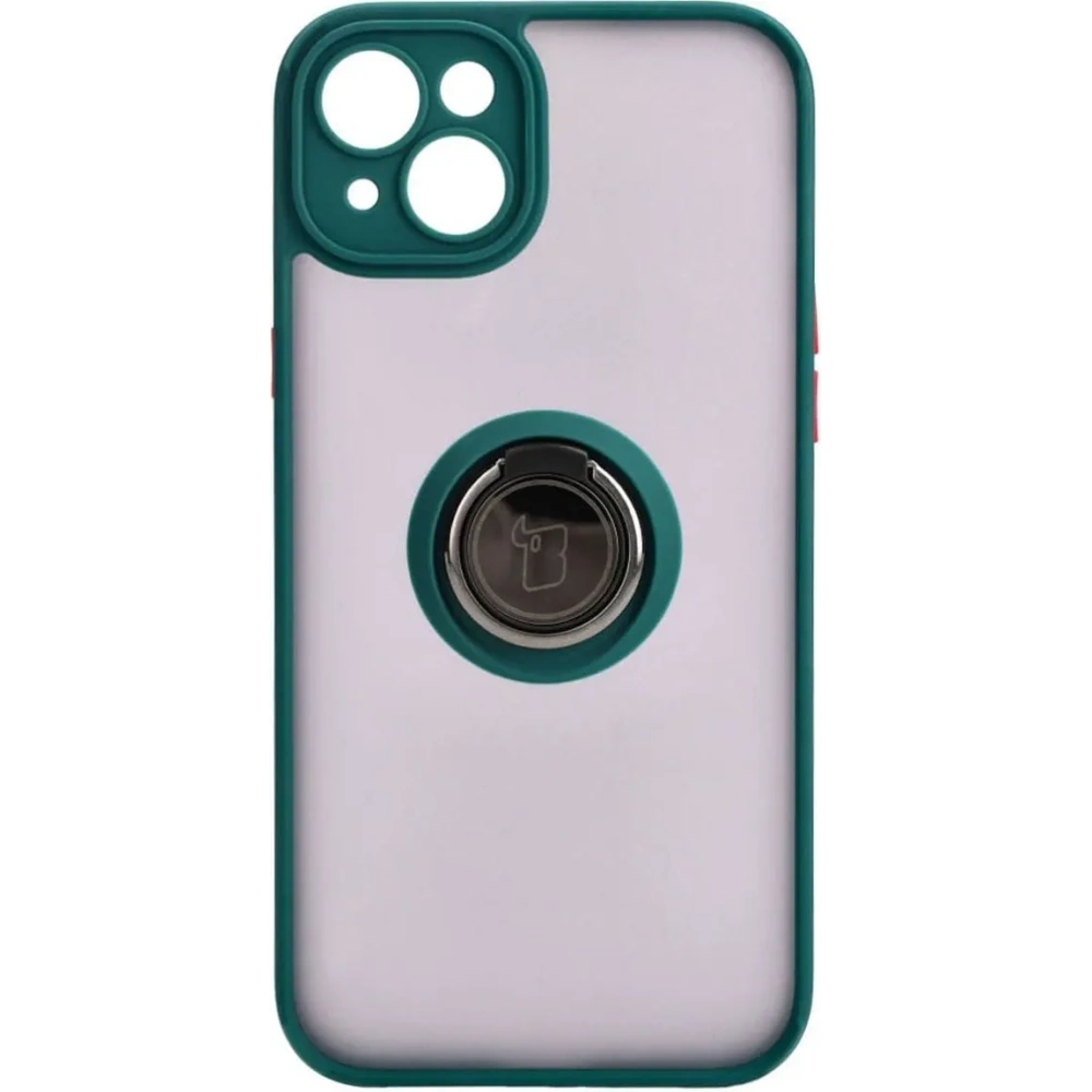 Etui z uchwytem na palec Bizon Case Hybrid Ring do Apple iPhone 15 Plus przydymione z ciemnozieloną ramką