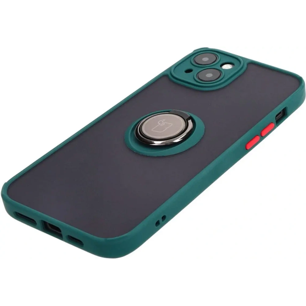 Etui z uchwytem na palec Bizon Case Hybrid Ring do Apple iPhone 15 Plus przydymione z ciemnozieloną ramką