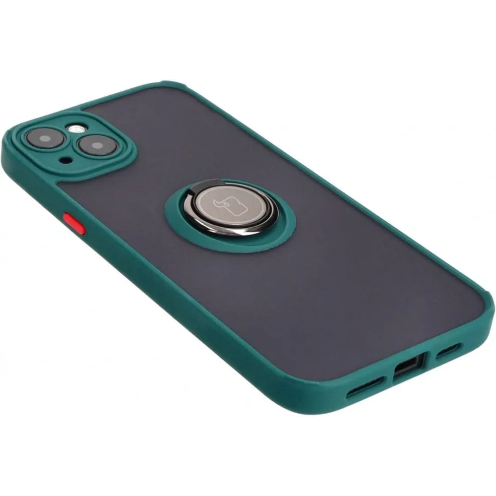 Etui z uchwytem na palec Bizon Case Hybrid Ring do Apple iPhone 15 Plus przydymione z ciemnozieloną ramką