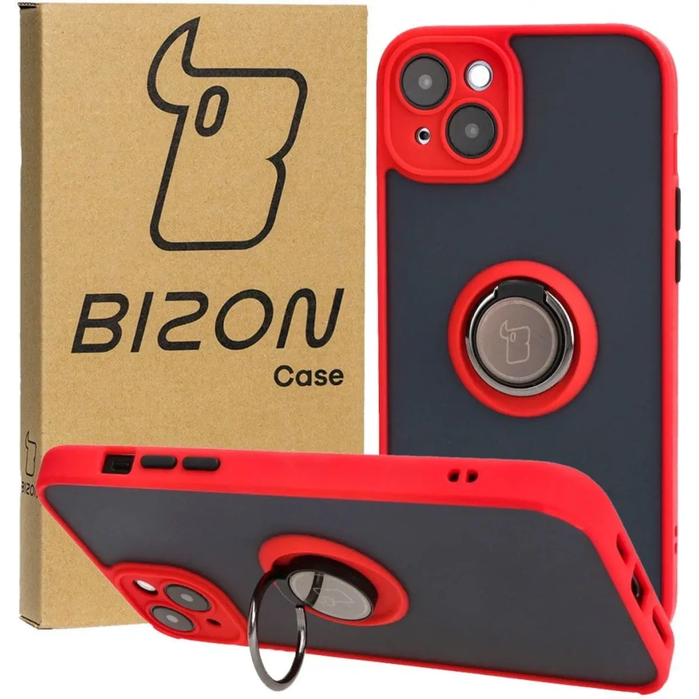 Etui z uchwytem na palec Bizon Case Hybrid Ring do Apple iPhone 15 Plus przydymione z czerwoną ramką