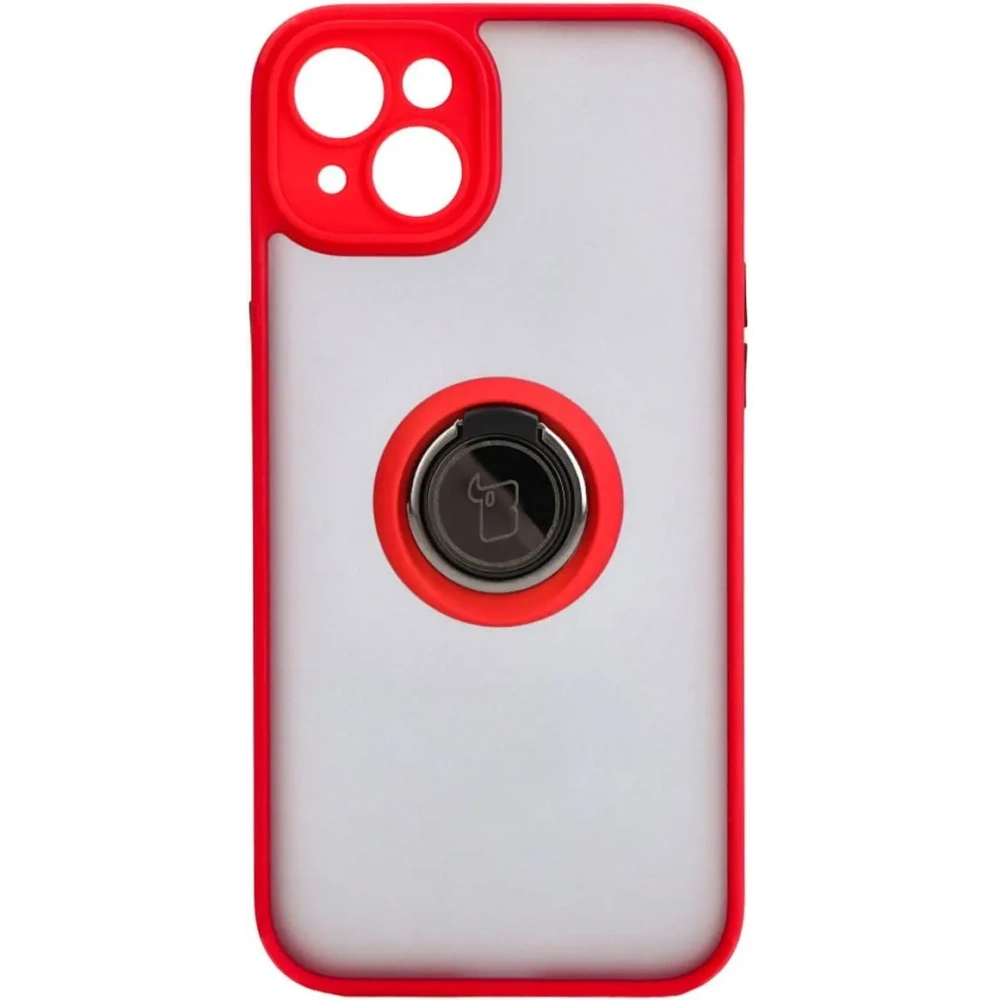 Etui z uchwytem na palec Bizon Case Hybrid Ring do Apple iPhone 15 Plus przydymione z czerwoną ramką