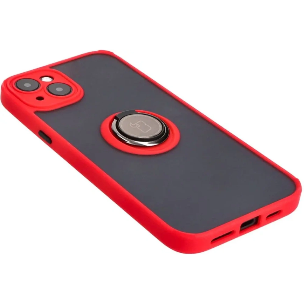 Etui z uchwytem na palec Bizon Case Hybrid Ring do Apple iPhone 15 Plus przydymione z czerwoną ramką