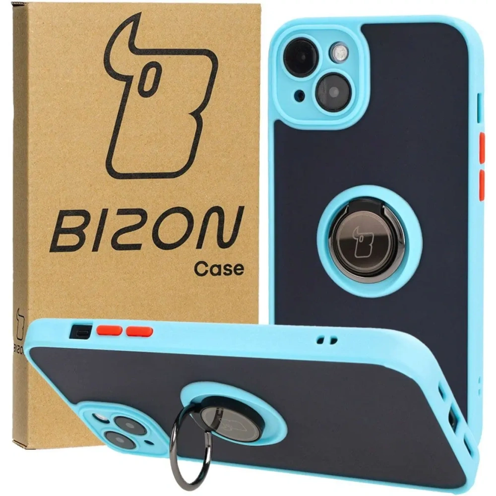Etui z uchwytem na palec Bizon Case Hybrid Ring do Apple iPhone 15 Plus przydymione z jasnoniebieską ramką