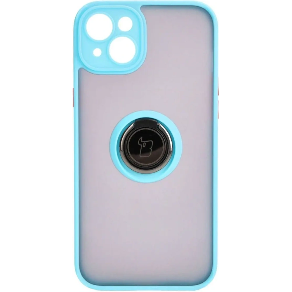 Etui z uchwytem na palec Bizon Case Hybrid Ring do Apple iPhone 15 Plus przydymione z jasnoniebieską ramką