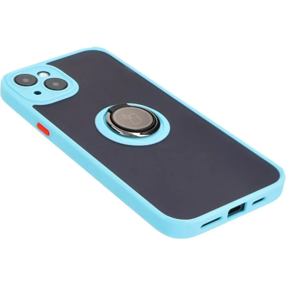 Etui z uchwytem na palec Bizon Case Hybrid Ring do Apple iPhone 15 Plus przydymione z jasnoniebieską ramką