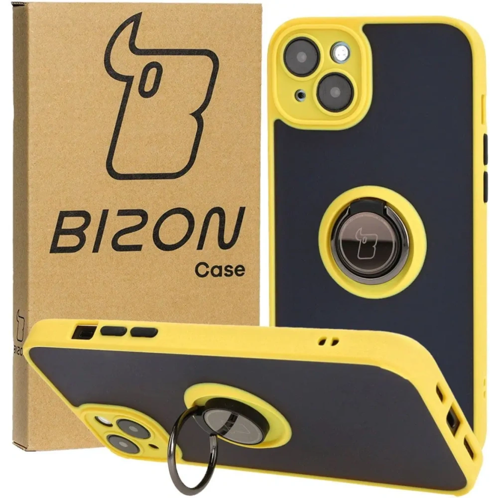 Etui z uchwytem na palec Bizon Case Hybrid Ring do Apple iPhone 15 Plus przydymione z żółtą ramką