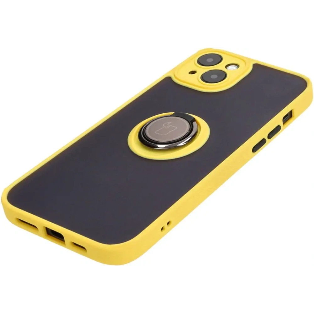 Etui z uchwytem na palec Bizon Case Hybrid Ring do Apple iPhone 15 Plus przydymione z żółtą ramką