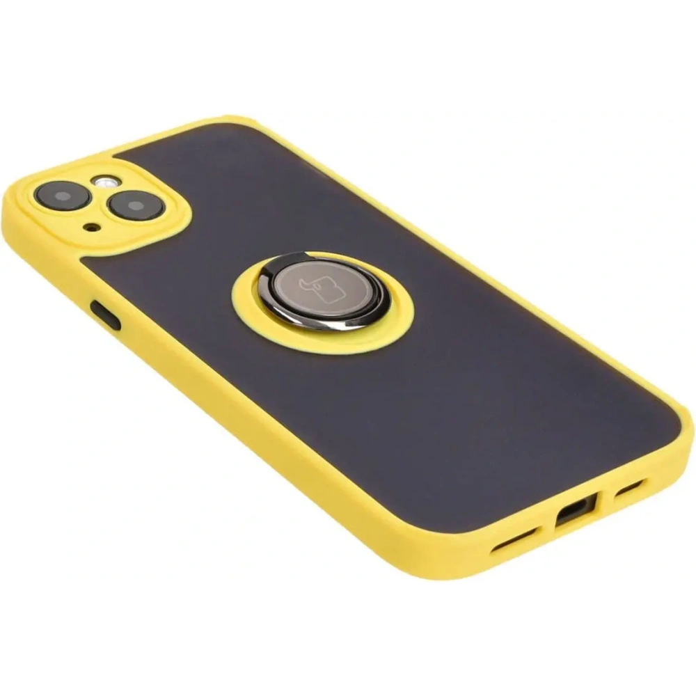 Etui z uchwytem na palec Bizon Case Hybrid Ring do Apple iPhone 15 Plus przydymione z żółtą ramką