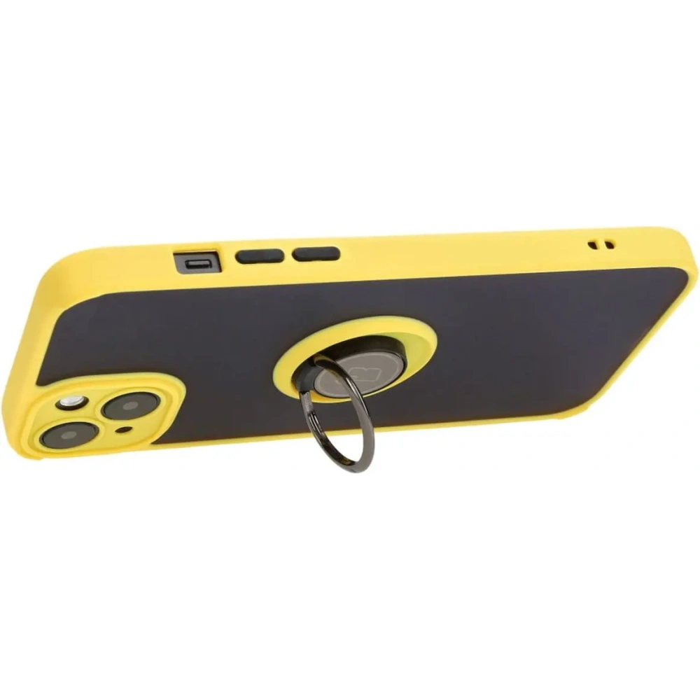 Etui z uchwytem na palec Bizon Case Hybrid Ring do Apple iPhone 15 Plus przydymione z żółtą ramką