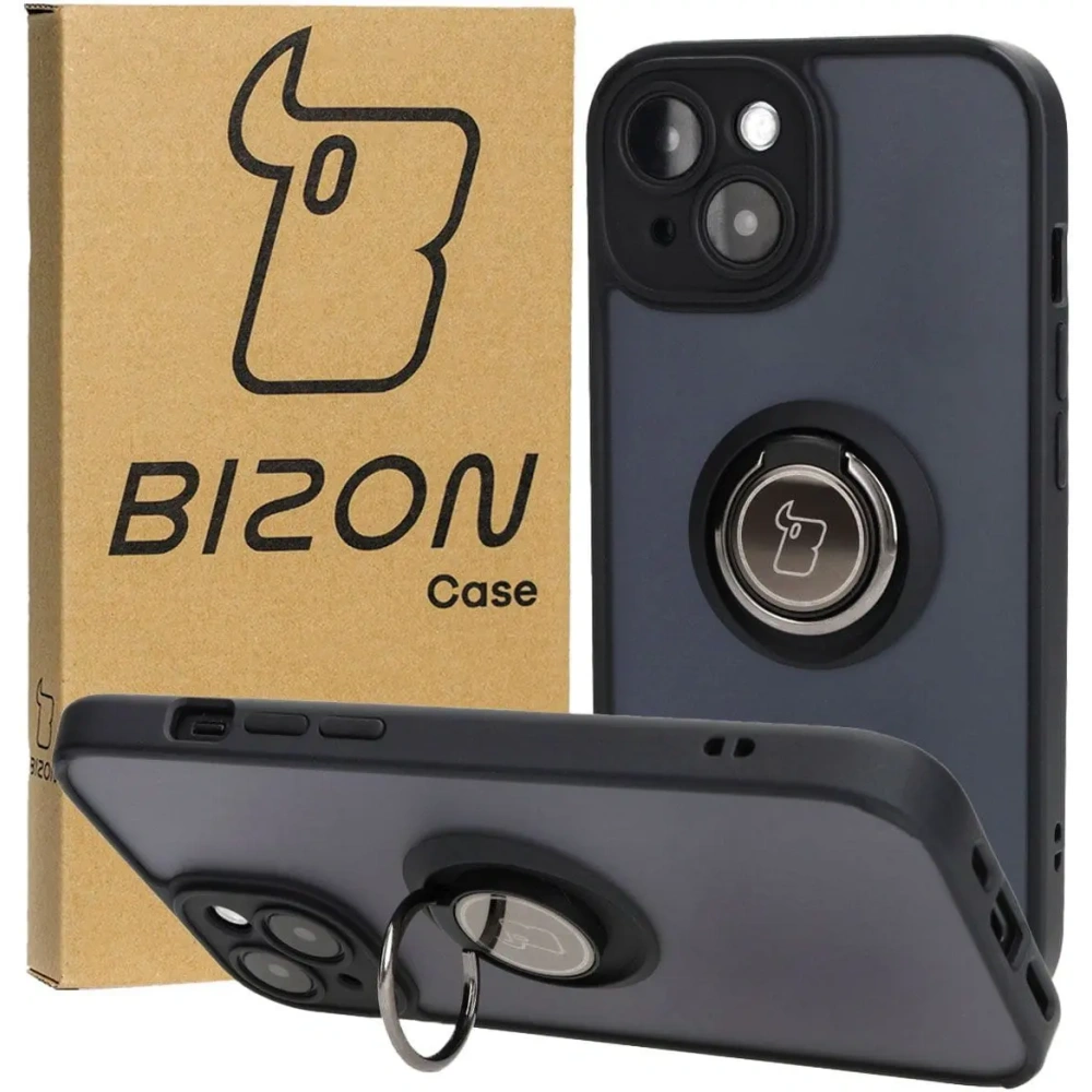 Etui z uchwytem na palec Bizon Case Hybrid Ring do Apple iPhone 15 przydymione z czarną ramką