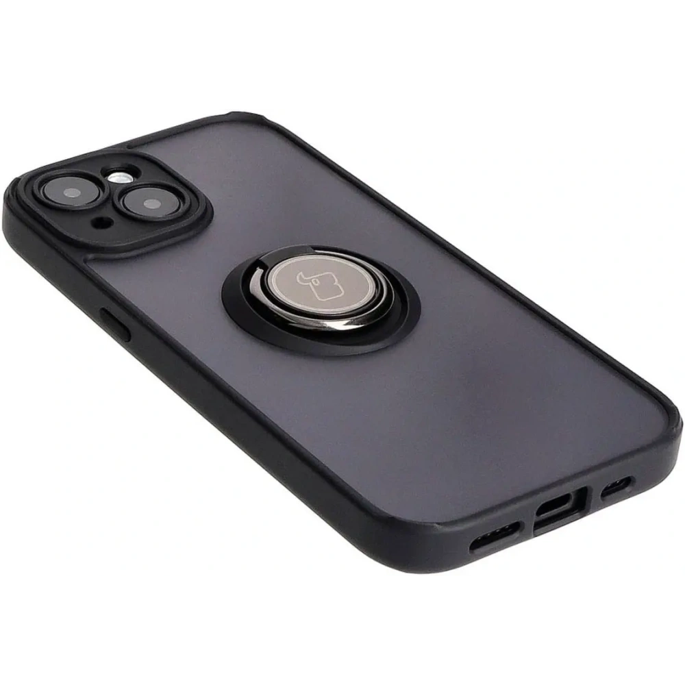 Etui z uchwytem na palec Bizon Case Hybrid Ring do Apple iPhone 15 przydymione z czarną ramką