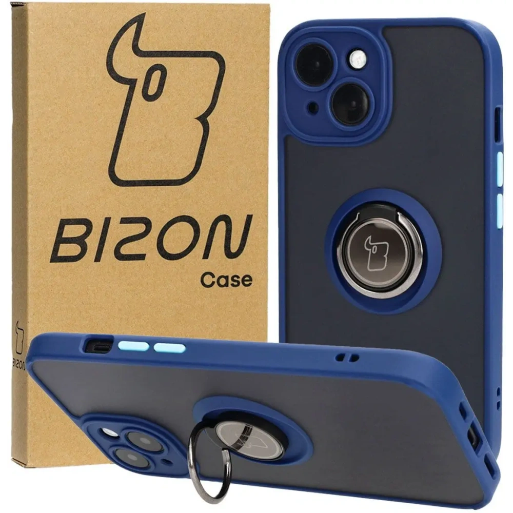 Etui z uchwytem na palec Bizon Case Hybrid Ring do Apple iPhone 15 przydymione z granatową ramką