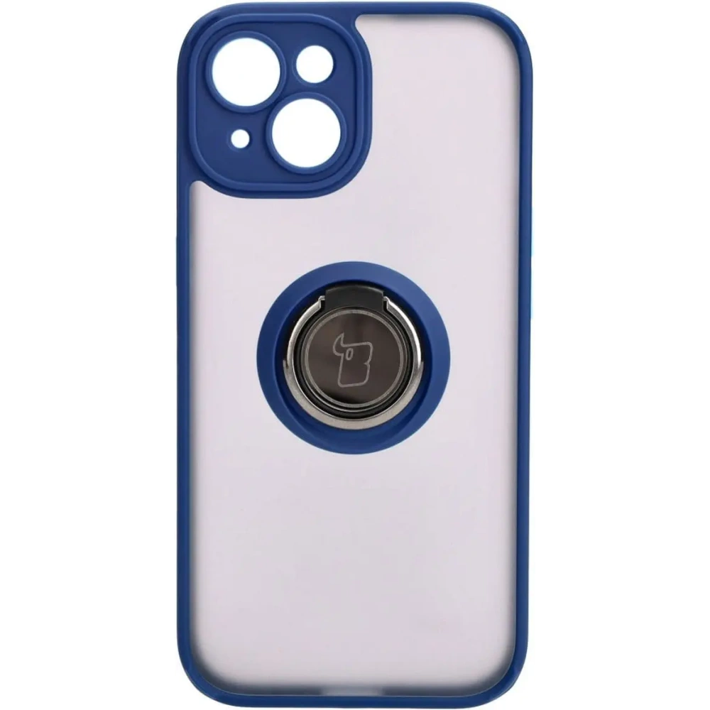 Etui z uchwytem na palec Bizon Case Hybrid Ring do Apple iPhone 15 przydymione z granatową ramką