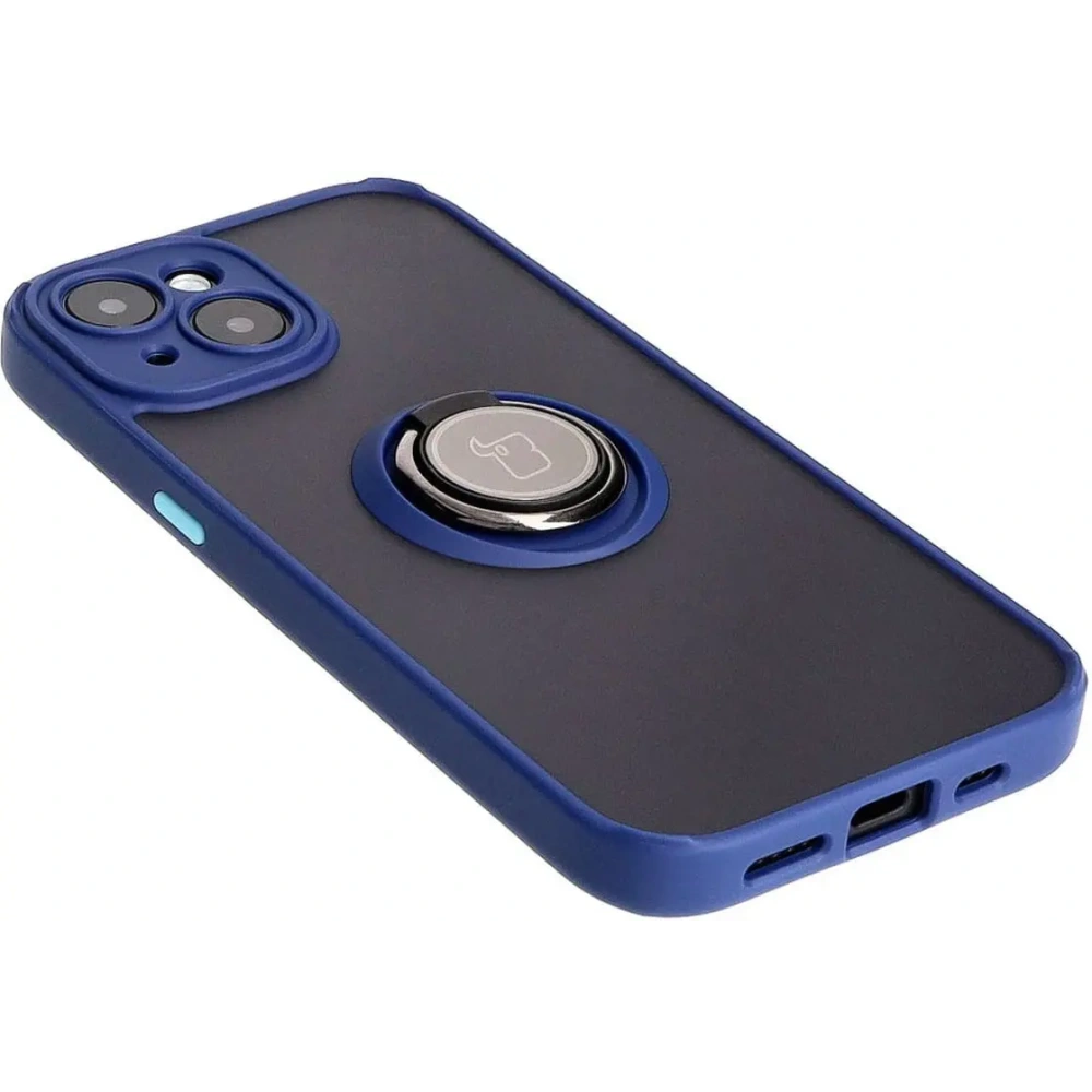 Etui z uchwytem na palec Bizon Case Hybrid Ring do Apple iPhone 15 przydymione z granatową ramką