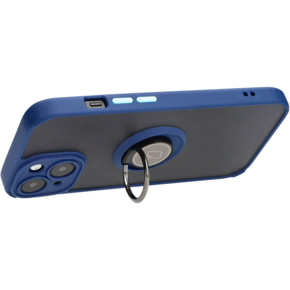 Etui z uchwytem na palec Bizon Case Hybrid Ring do Apple iPhone 15 przydymione z granatową ramką